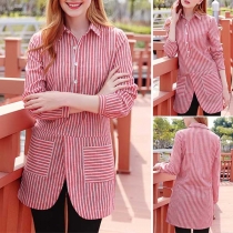 OL Style Long Sleeve POLO Collar Slim Fit Striped Shirt 