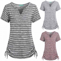 Fashion Short Sleeve V-neck Drawstring Hem Striped T-shirt 