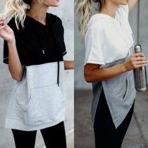 Fashion Contrast Color Short Sleeve Slit Hem Hooded T-shirt 