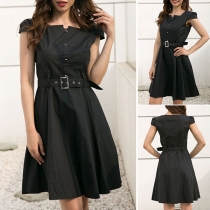 Fashion Solid Color Short Sleeve Square Collar Dress with Waistband