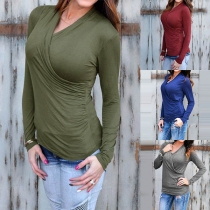 Sexy V-neck Solid Color Crossover Long Sleeve Shirt