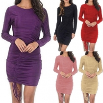 Sexy Solid Color Round-neck Long Sleeve Over-hip Dress