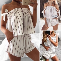 Sexy Boat-neck Sleeveless Backless Sling Striped Shirt + Shorts Two-piece Set