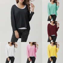 Fashion Solid Color Long Sleeve Round Neck High-low Hem T-shirt 