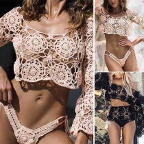 Sexy Hollow Out Long Trumpet Sleeve Chop Hemline Shirt + Clinging Underwear Swimwear Set