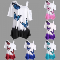 Sexy One-shoulder Irregular Hem Short Sleeve Butterfly Printed T-shirt 
