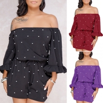 Sexy Off-shoulder Boat Neck Trumpet Sleeve Pearl Inlaid Romper