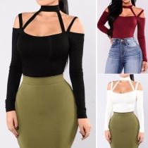 Sexy Off-shoulder Long Sleeve Solid Color Bodysuit 