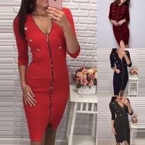 Sexy Double-breasted Zipper Solid Color Long Sleeve Slit Hemline Dress