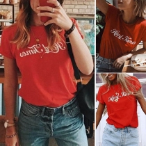 Sweet Round-neck Contrast Color Short Sleeve Letters Printed Shirt