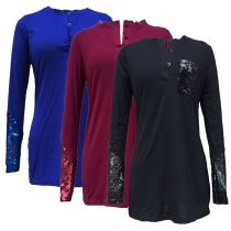 Fashion Round-neck Front Buttons Long Sleeve Paillette Pattern Shirt