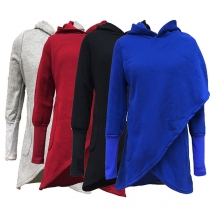 Sexy Solid Color Long Sleeve Cross Hemline Hooded Sweatshirt 