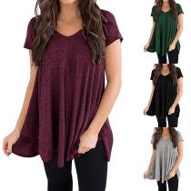 Fashion V-neck Solid Color Short Sleeve Irregular Hemline Shirt