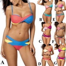 Sexy Contrast Color Twist Halter Bikini + Low-waist Hollow out Bottom  Bikini Set