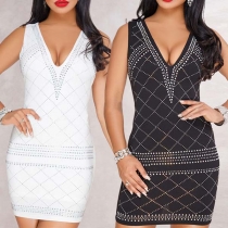 Sexy V-neck Solid Color Sleeveless Slim Fit Over-hip Dress