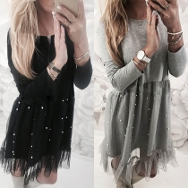 Sexy Solid Color Gauze Spliced Pearls Long Sleeve Dress