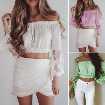 Sexy Off-shoulder Boat Neck Lace Spliced Long Sleeve Crop Top 