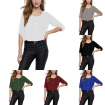 Fashion Solid Color 3/4 Sleeve Round Neck Chiffon Blouse