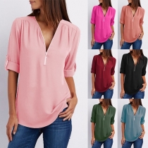 Fashion Solid Color Long Sleeve Zipper V-neck Chiffon Blouse
