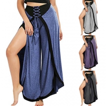 Fashion Contrast Color Lace-up High Waist Slit Hem Wide-leg Pants