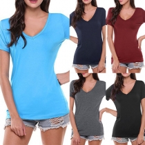 Sexy Backless Short Sleeve V-neck Solid Color T-shirt 