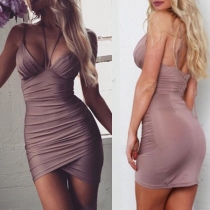 Sexy Backless Deep V-neck Solid Color Sling Tight Dress