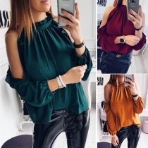 Sexy Off-shoulder Long Sleeve Solid Color Ruffle Top 