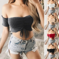 Sexy Off-shoulder Short Sleeve Solid Color Lace-up Bandeau Top