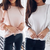 Fashion Solid Color Long Sleeve Round Neck Lace Spliced Chiffon Top