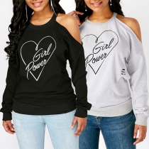 Sexy Off-shoulder Long Sleeve Heart Letters Printed T-shirt 