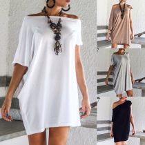 Fashion Solid Color Short Sleeve Boat Neck Loose Dress