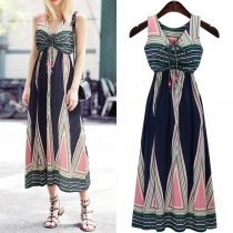 Bohemian Style Sleeveless V-neck High Waist Printed Maxi Dress