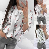 Fashion Long Sleeve Lace-up Stand Collar Printed Top 