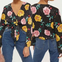 Sexy Deep V-neck Long Sleeve Knotted Hem Printed Blouse