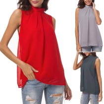Fashion Solid Color Sleeveless Stand Collar Chiffon Top 