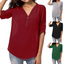 Fashion V-neck Front Zipper Short Sleeve Solid Color Chiffon Shirt