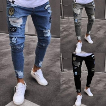 Fashion High-waist Ripped Embroidered Slim Fit Man's Jeans