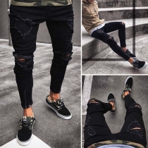 Fashion Ripped Solid Color Slim Fit Zipper Man's Pants