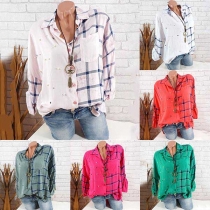 Fashion Long Sleeve POLO Collar Pearl Inlaid Plaid Shirt 