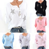 Fashion Rhinestone Pentagram Long Sleeve Loose Blouse