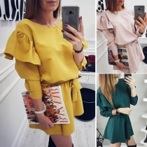 Elegant Solid Color Lotus Sleeve Round Neck Dress