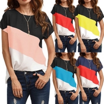 Fashion Contrast Color Short Sleeve Round Neck Casual T-shirt 