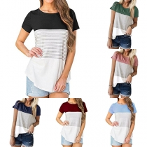 Fashion Contrast Color Short Sleeve Round Neck Striped T-shirt 