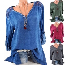 Fashion Lace Spliced Long Sleeve V-neck Loose T-shirt 