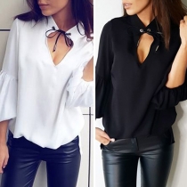Fashion Solid Color Lantern Sleeve V-neck Blouse