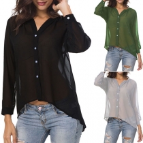 Fashion Solid Color Long Sleeve High-low Hem Chiffon Blouse
