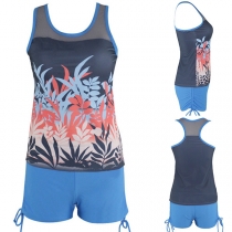 Fashion Sleeveless Printed Top + Shorts Swimsuit Set 