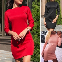 Elegant Solid Color Long Sleeve Round Neck Back-zipper Dress