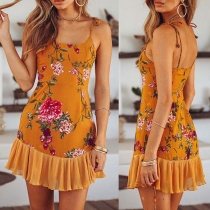 Sexy Backless Ruffle Hem Printed Sling Dress