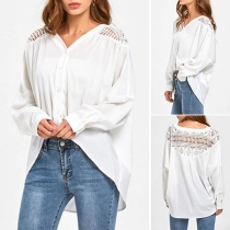 Fashion Solid Color Long Sleeve High-low Hem Lace Spliced Blouse